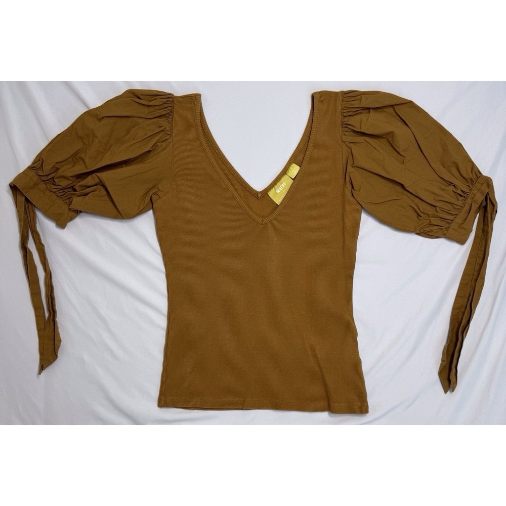 Maeve Anthropologie Brown Ribbed V-neck Front/Back Short Puffy Sleeves Top XXS
